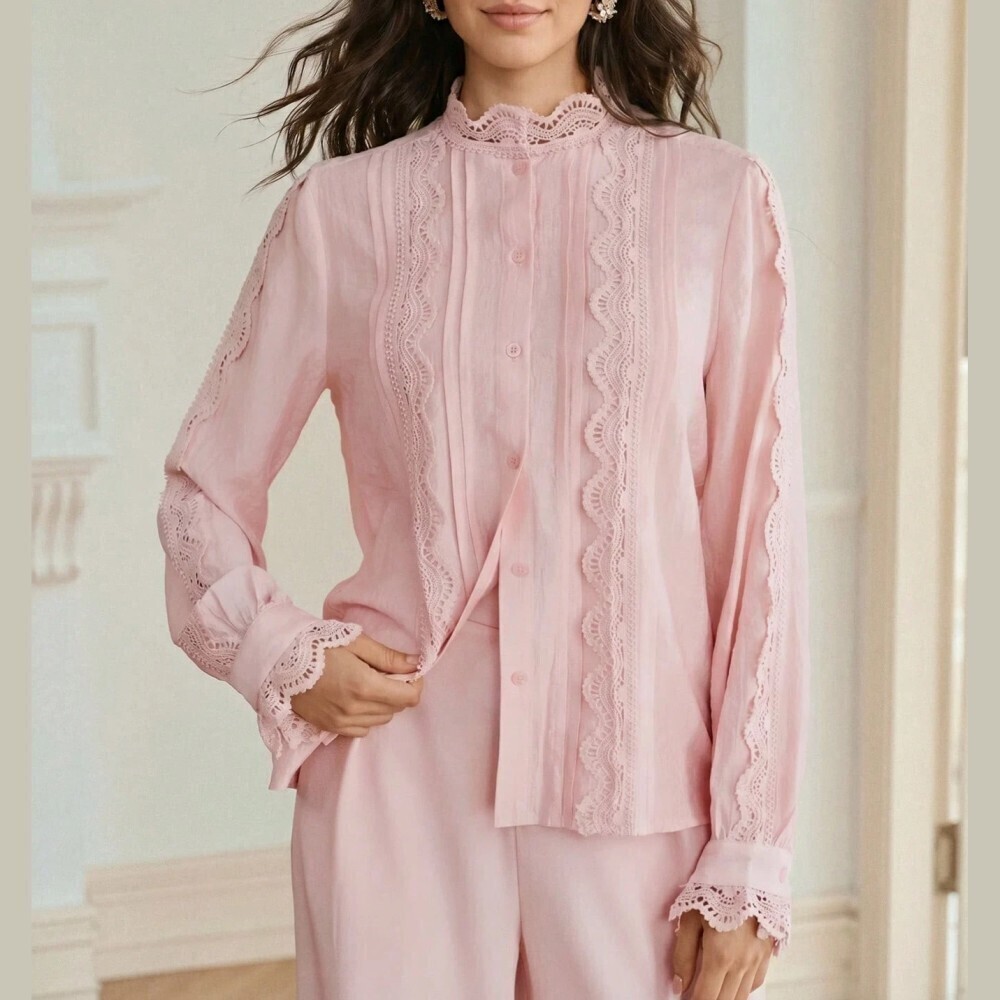 Pink Lace Trim Stand Collar Button Front Blouse